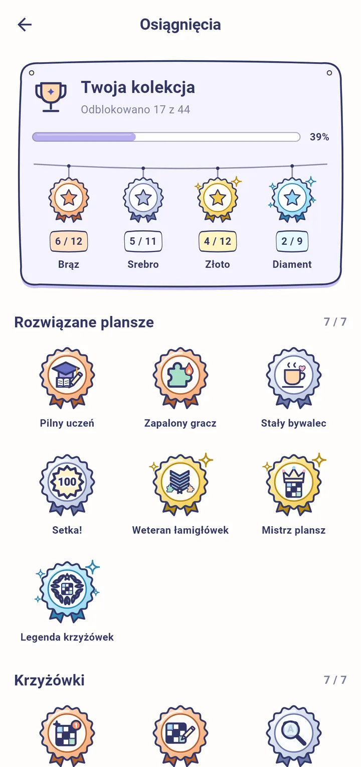 Kolekcja osiągnięć: odznaki z brązu, srebra, złota i diamentu
