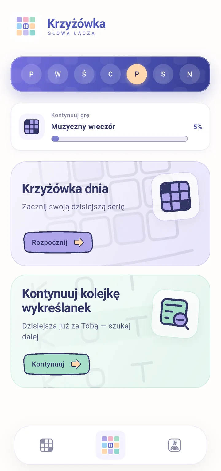 Ekran startowy aplikacji Krzyżówka: tydzień serii, krzyżówka dnia i wykreślanka dnia